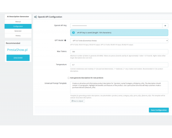 AI description generator for PrestaShop