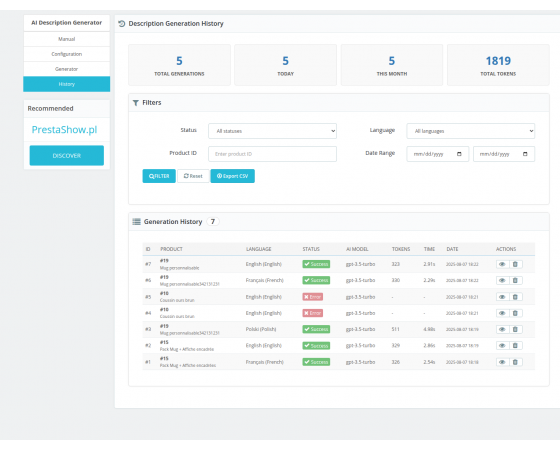 AI description generator for PrestaShop