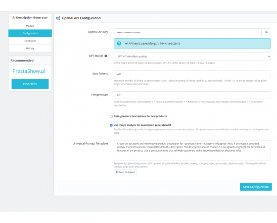 Generator AI opisów produktów dla PrestaShop