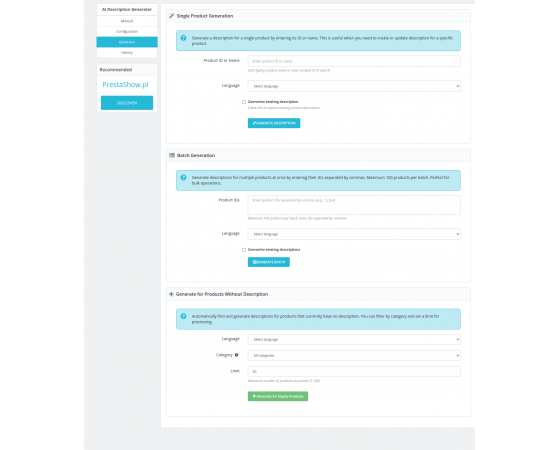 Generator AI opisów produktów dla PrestaShop