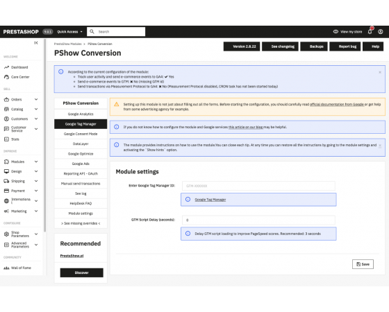 PrestaShop Google Analytics - Konwersja Ads + Google Optimize + Google Tag Manager