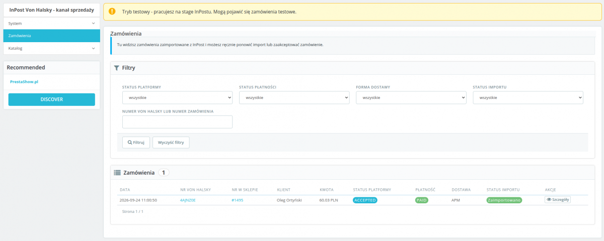 Lista zam&oacute;wień InPost w module PrestaShop z filtrami płatności, dostawy i statusu importu