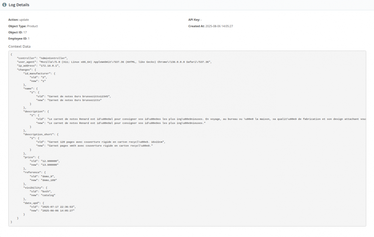 PrestaShop detailed logger - changes in back office