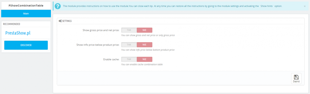 PrestaShop Combination Table